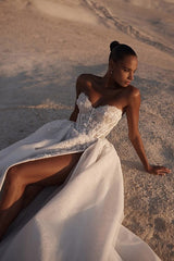 Lace A Line Wedding Dress with Corset Bodice and Side Slit
