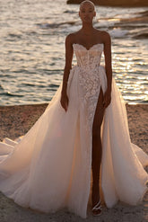Lace A Line Wedding Dress with Corset Bodice and Side Slit