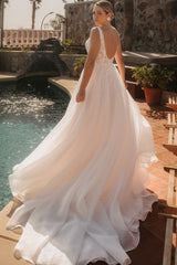 Lace A Line Wedding Dress with Plunging V Neck and Open Back