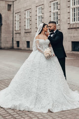 Lace Ball Gown Wedding Dress with 3D Flowers and Off Shoulder Sleeves