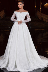 Lace Ball Gown Wedding Dress with Off Shoulder Long Sleeves