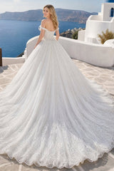 Lace Ball Gown Wedding Dress with Off Shoulder Neckline and Cathedral Train