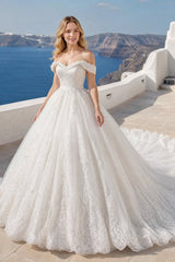 Lace Ball Gown Wedding Dress with Off Shoulder Neckline and Cathedral Train