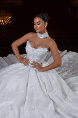 Lace Ball Gown Wedding Dress with Sweetheart Corset Bodice and Scalloped Hem