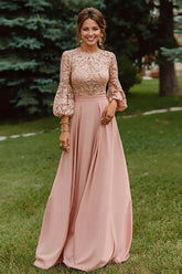 Lace Dusty Rose Puff Sleeves A Line Floor Length Mother Of The Bride Dress