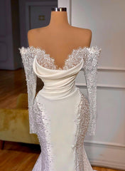 Lace Long Sleeves Off The Shoulder Trumpet Mermaid Wedding Dress With Pearl