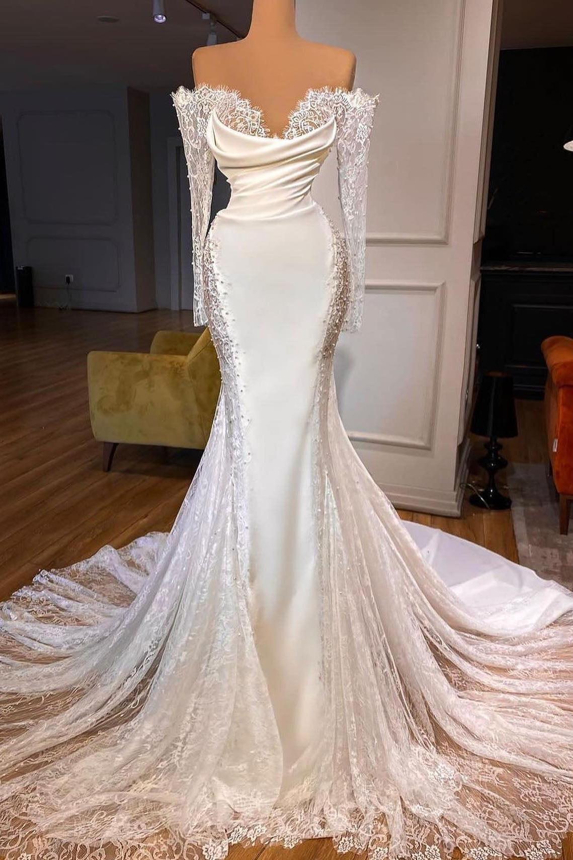 Dressystars Women Wedding Dress Lace Long Sleeves Off The Shoulder Trumpet Mermaid Bridal Dress With Pearl Dressystars Women Wedding Dress Lace Long Sleeves Off The Shoulder Trumpet Mermaid Bridal Dress With Pearl