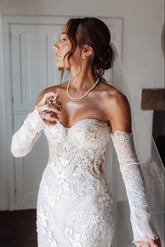 Lace Mermaid Wedding Dress with Detachable Long Sleeves Sweetheart Strapless Bridal Gown