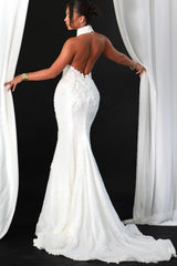 Lace Mermaid Wedding Dress with High Halter Neck and Open Back