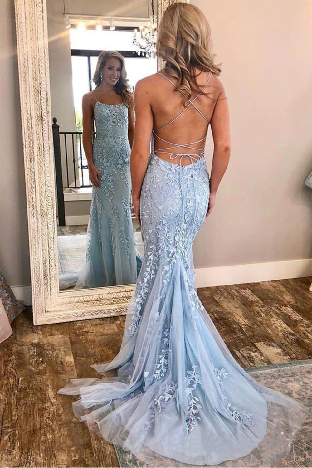 Lace Prom Dress Mermaid Backless Evening Dress