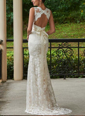 Lace Sheath/Column V neck Wedding Dress With Bow(s) Sweep Train