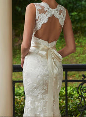 Lace Sheath/Column V neck Wedding Dress With Bow(s) Sweep Train