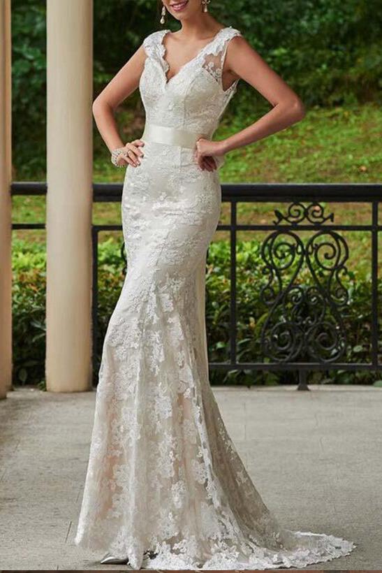 Lace Sheath/Column V neck Wedding Dress With Bow(s) Sweep Train
