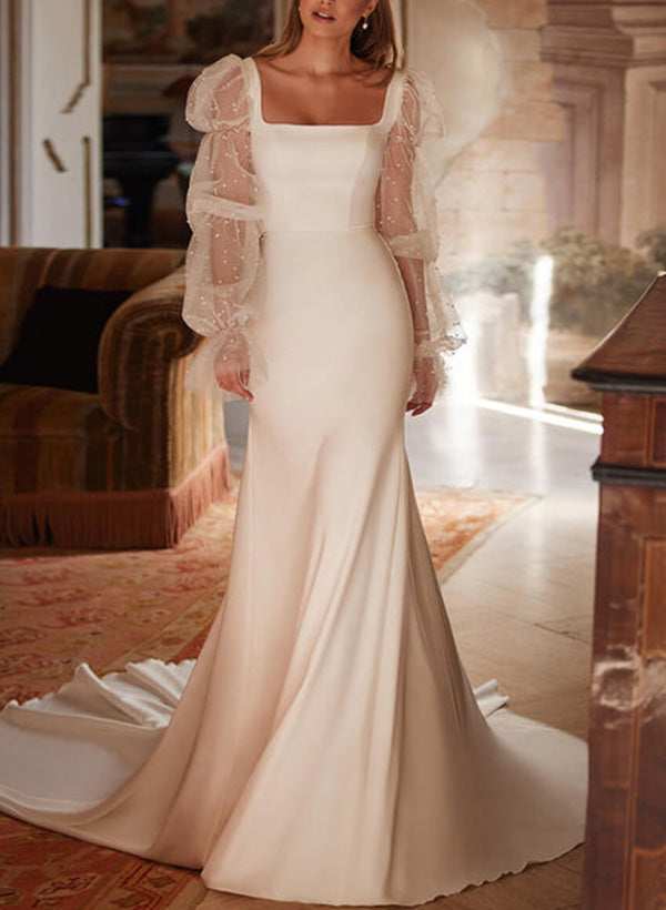 Lace Trumpet/Mermaid Square Neckline Elastic Satin Wedding Dress