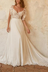 Lace Tulle Wedding Dress A Line Bridal Dress With Detachable Sleeves