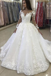 Lace Wedding Dress: Ball Gown Style with V neck Long Sleeves Court Train and Appliques