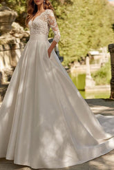 Lace Wedding Dress with A Line V Neck 3/4 Sleeves and Court Train