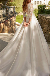 Lace Wedding Dress with A Line V Neck 3/4 Sleeves and Court Train