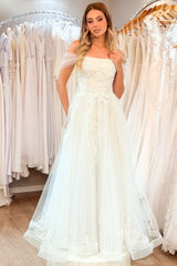 Lace and Tulle A Line Wedding Dress with Pockets and Off Shoulder Drape