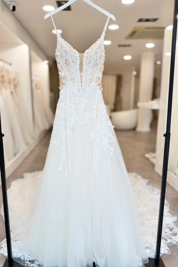Lace and Tulle A Line Wedding Dress with Sheer Corset and Long Train
