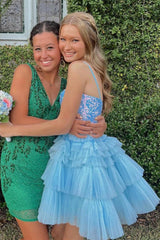 Lavender Homecoming Dress Sequin Style V neck Ruffle Tiered Short Party Cocktail Dress