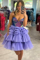 Lavender Homecoming Dress Sequin Style V neck Ruffle Tiered Short Party Cocktail Dress