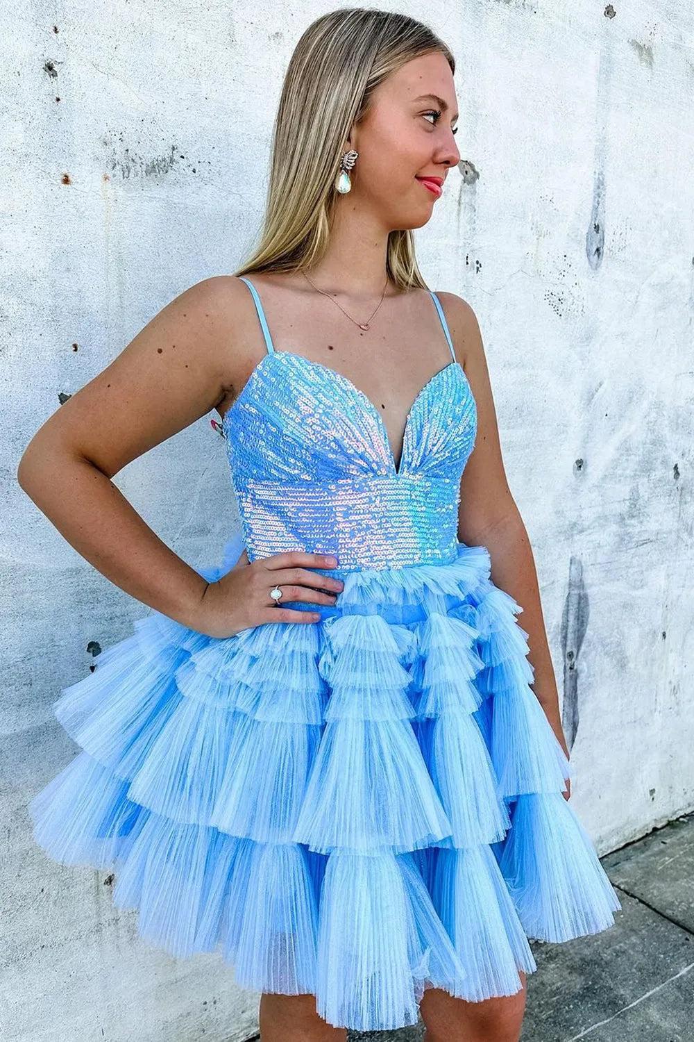 Lavender Homecoming Dress Sequin Style V neck Ruffle Tiered Short Party Cocktail Dress