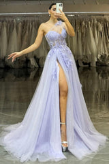 Lavender One-Shoulder Floral Appliques Tulle Prom Gown With High Slit Formal Evening Gown