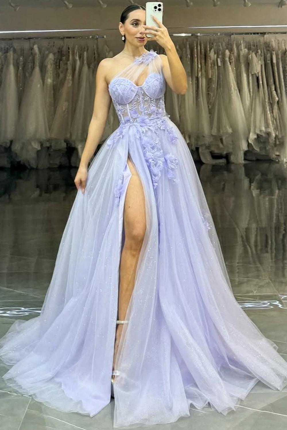 Lavender One-Shoulder Floral Appliques Tulle Prom Gown With High Slit Formal Evening Gown