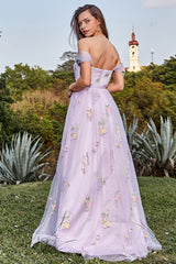 Lavender Prom Dress A Line Tulle Off the Shoulder Embroidery Evening Dress