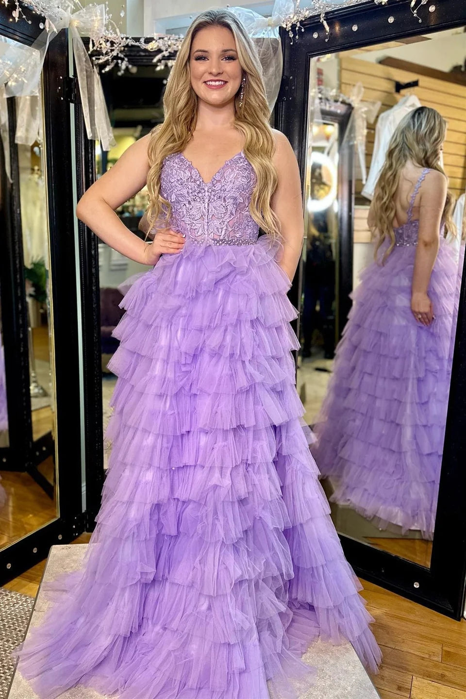Lavender Prom Dress Appliques V Neck Ruffle Tiered Long Evening Dress
