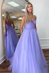 Lavender Prom Dress Beaded Surplice Tulle Evening Dress
