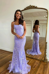 Lavender Prom Dress Mermaid Spaghetti Straps Long Lace Backless Evening Dress