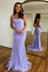 Lavender Prom Dress Mermaid Spaghetti Straps Long Lace Backless Formal Dress