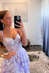 Lavender Prom Dress Princess A Line Off the Shoulder Corset with Lace Ruffles Evening Dress