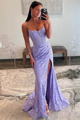 Lavender Prom Dress Strapless Lace Ruched Mermaid Evening Dress With Split