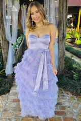 Lavender Prom Dress Sweetheart Neck Bow Belt A Line Evening Dress