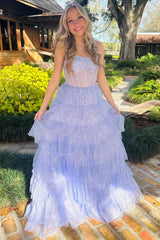 Lavender Prom Dress Tulle Sequin Ruffle Tiered Long Evening Dress