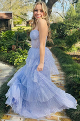 Lavender Prom Dress Tulle Sequin Ruffle Tiered Long Evening Dress