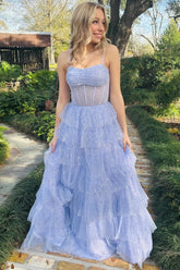 Lavender Prom Dress Tulle Sequin Ruffle Tiered Long Evening Dress