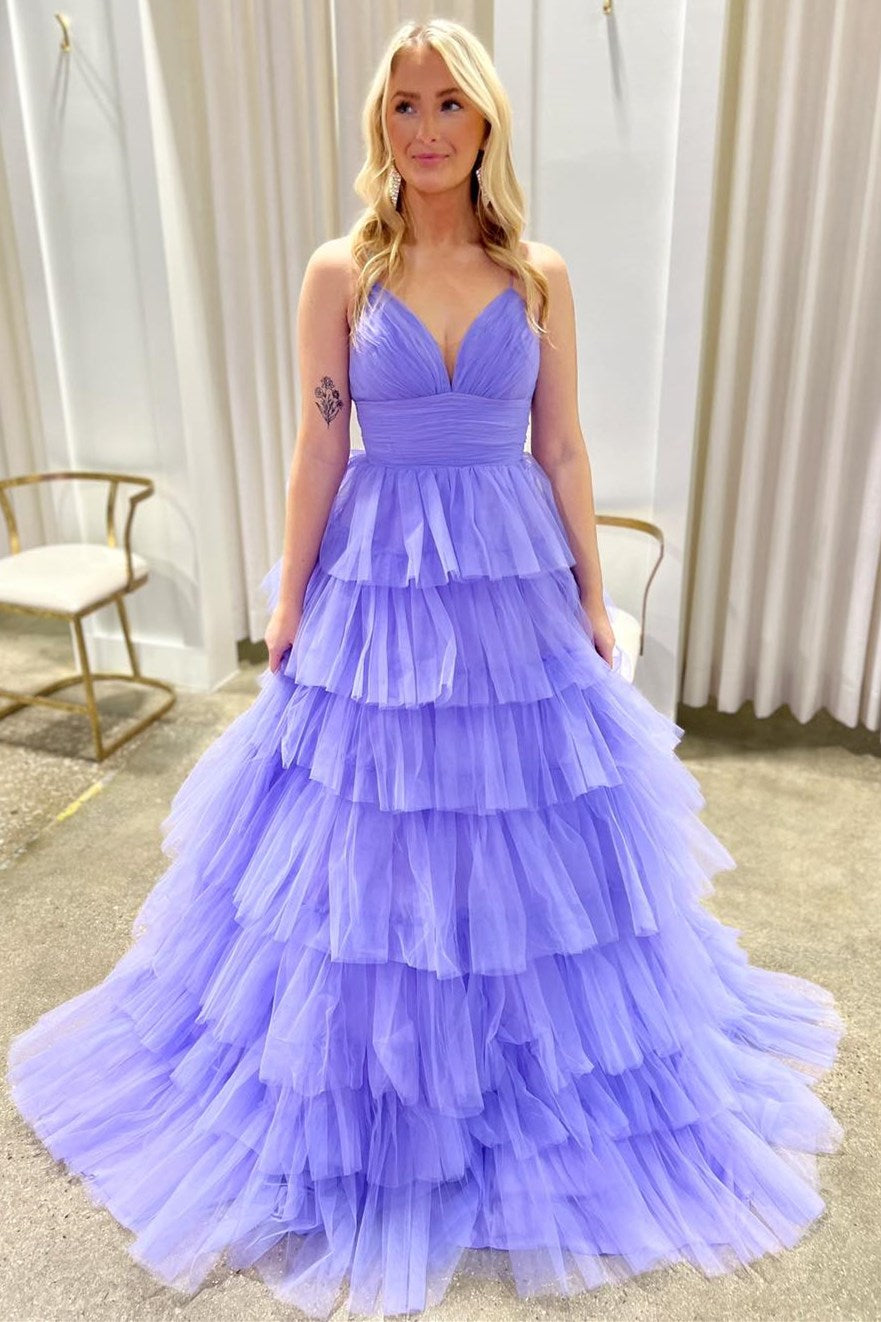 Lavender Prom Dress V Neck Ruffle Tiered Long Prom Gown Evening Dress