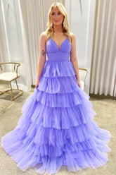 Lavender Prom Dress V Neck Ruffle Tiered Long Prom Gown Evening Dress