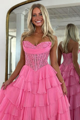 Dressystars Layered Ruffle A-Line Prom Dress With Embellished Lace Bodice And Leg Slit Formal Evening Gown
