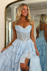 Dressystars Layered Ruffle A-Line Prom Dress With Embellished Lace Bodice And Leg Slit Formal Evening Gown
