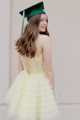 Lemon Yellow Homecoming Dresses A Line Corset Ruffled Short Cocktail Dresses