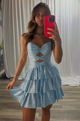 Light Blue A Line Homecoming Dresses Tiered Short Cocktail Dresses With Beading