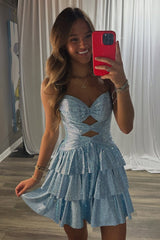 Light Blue A Line Homecoming Dresses Tiered Short Cocktail Dresses With Beading