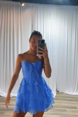 Light Blue A Line Homecoming Dresses Tulle Sweetheart Tiered Cocktail Dresses