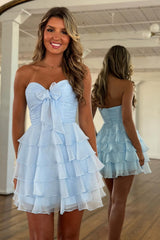 Light Blue A Line Homecoming Dresses Tulle Sweetheart Tiered Cocktail Dresses
