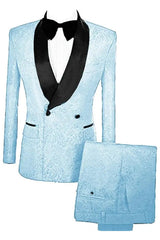 Light Blue Double Breasted Jacquard Wedding Suit with Velvet Lapel